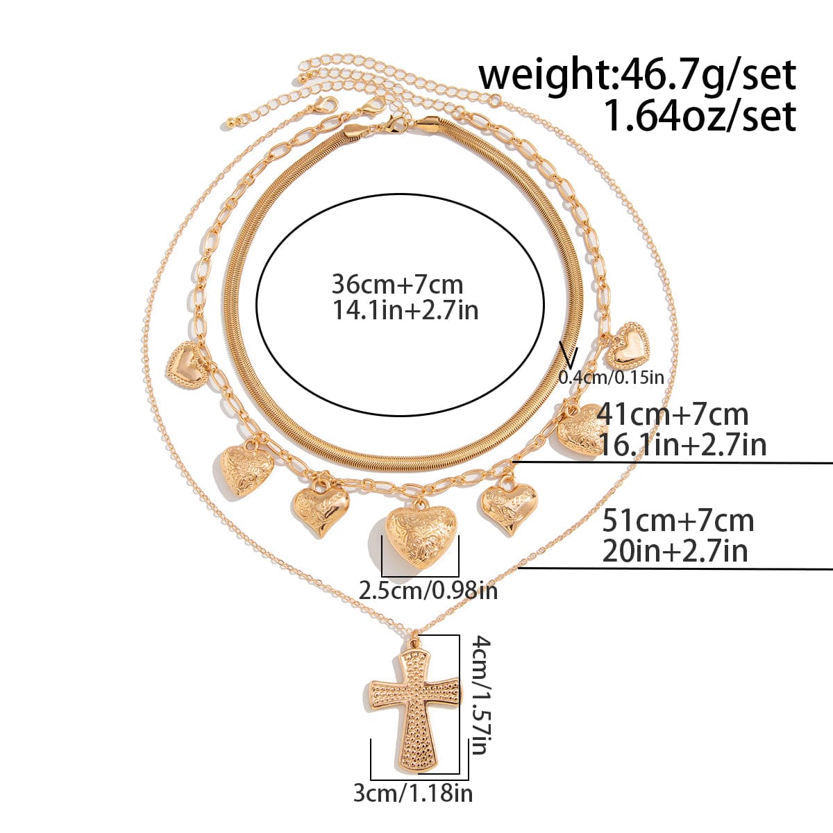 Trendy Layered Floral Heart Cross Pendant Snake Chain Necklace Set - ArtGalleryZen