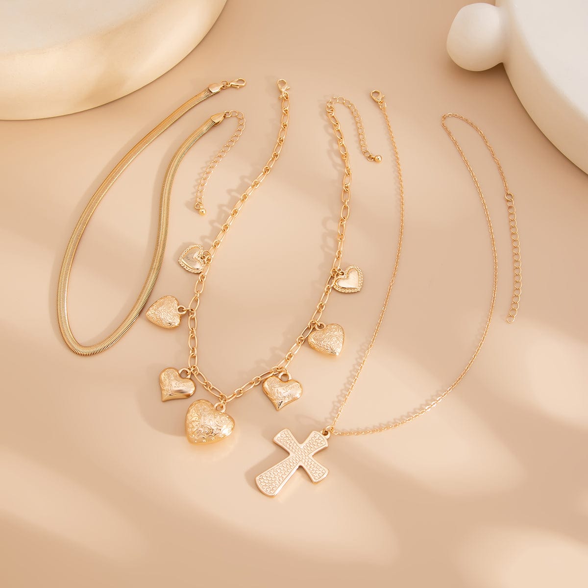 Trendy Layered Floral Heart Cross Pendant Snake Chain Necklace Set - ArtGalleryZen