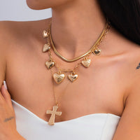Thumbnail for Trendy Layered Floral Heart Cross Pendant Snake Chain Necklace Set - ArtGalleryZen
