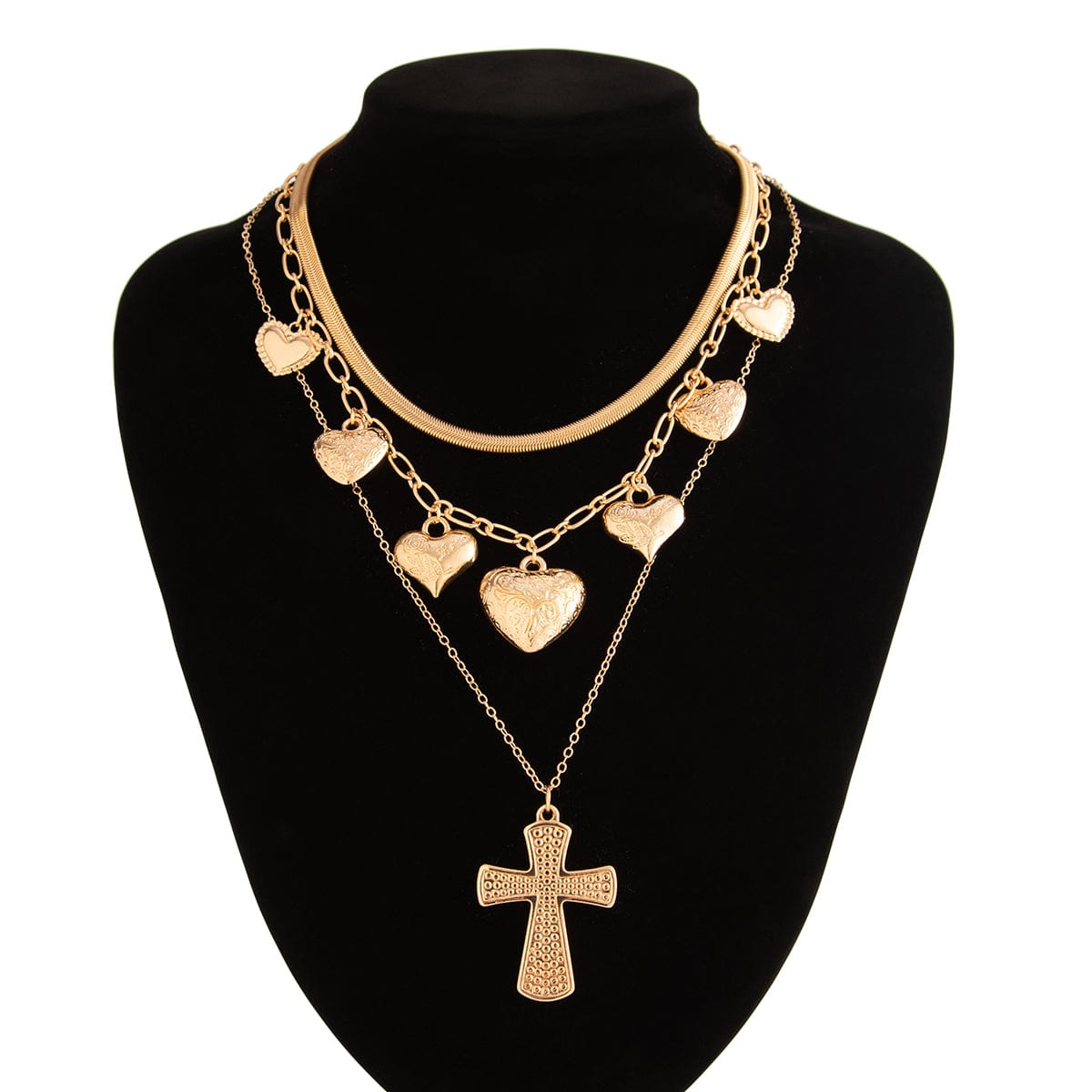 Trendy Layered Floral Heart Cross Pendant Snake Chain Necklace Set - ArtGalleryZen