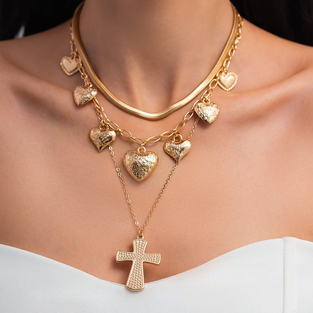 Trendy Layered Floral Heart Cross Pendant Snake Chain Necklace Set - ArtGalleryZen