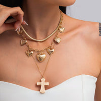 Thumbnail for Trendy Layered Floral Heart Cross Pendant Snake Chain Necklace Set - ArtGalleryZen
