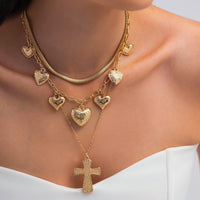 Thumbnail for Trendy Layered Floral Heart Cross Pendant Snake Chain Necklace Set - ArtGalleryZen