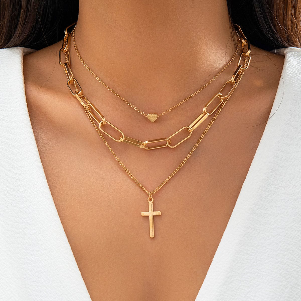 Trendy Layered Heart Cross Pendant Cable Chain Necklace - ArtGalleryZen