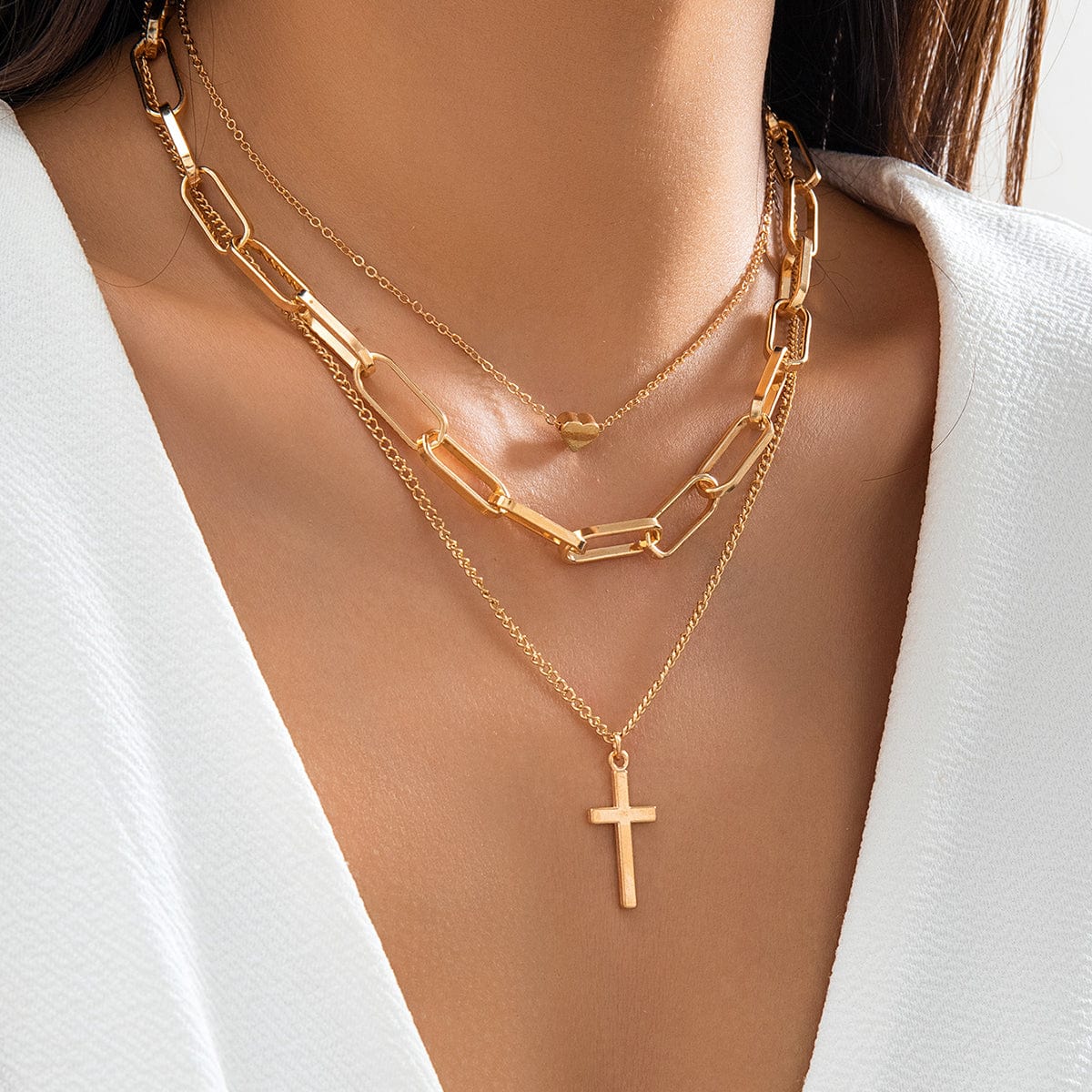 Trendy Layered Heart Cross Pendant Cable Chain Necklace - ArtGalleryZen