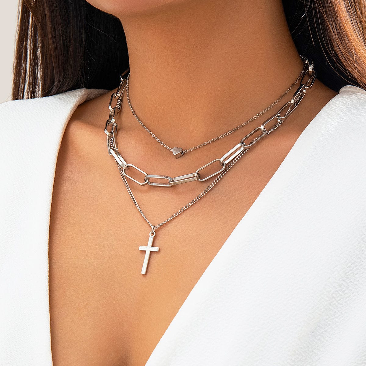 Trendy Layered Heart Cross Pendant Cable Chain Necklace - ArtGalleryZen