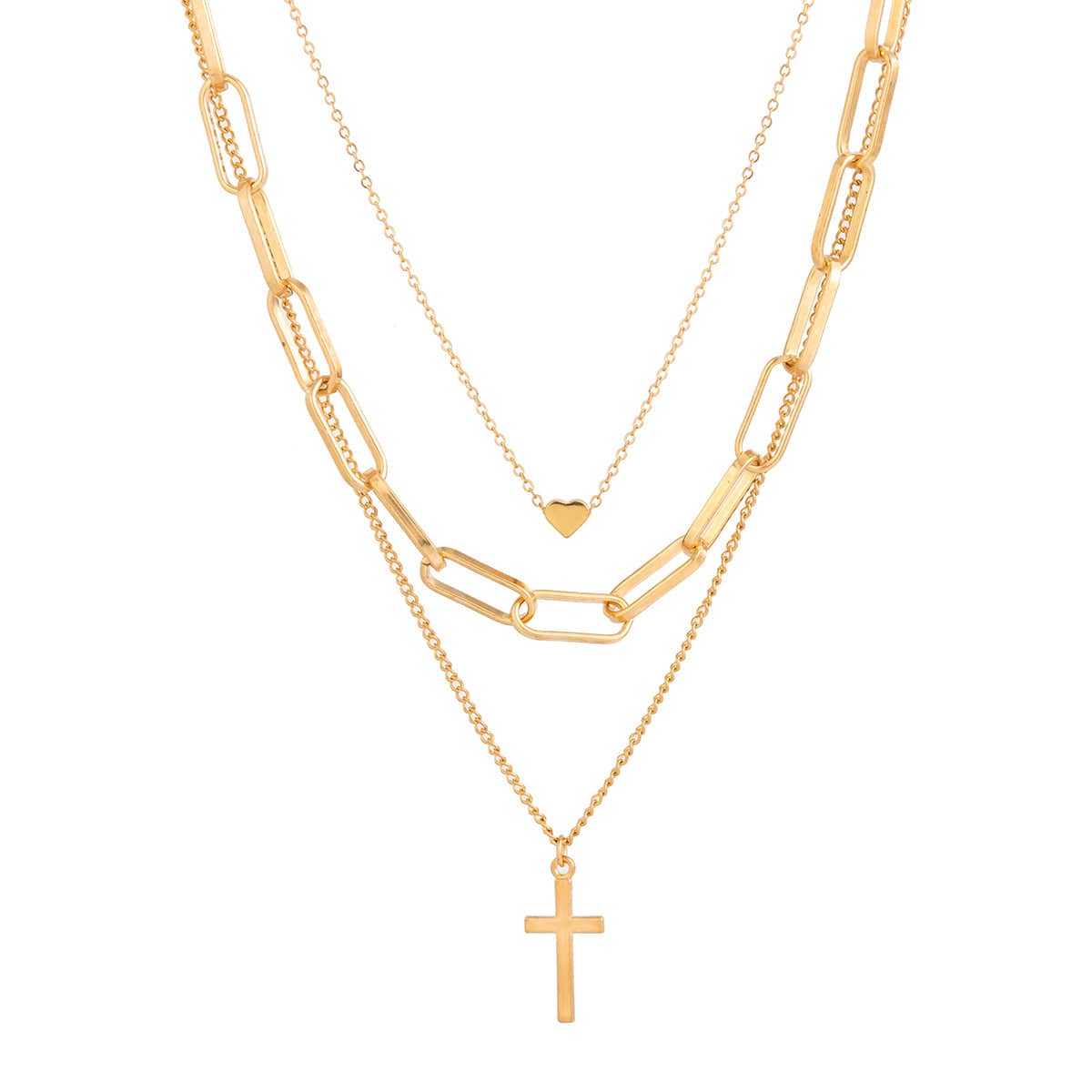 Trendy Layered Heart Cross Pendant Cable Chain Necklace - ArtGalleryZen