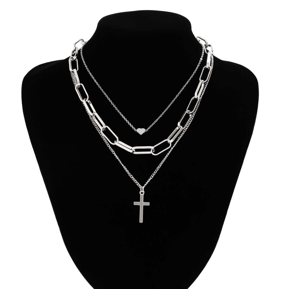 Trendy Layered Heart Cross Pendant Cable Chain Necklace - ArtGalleryZen