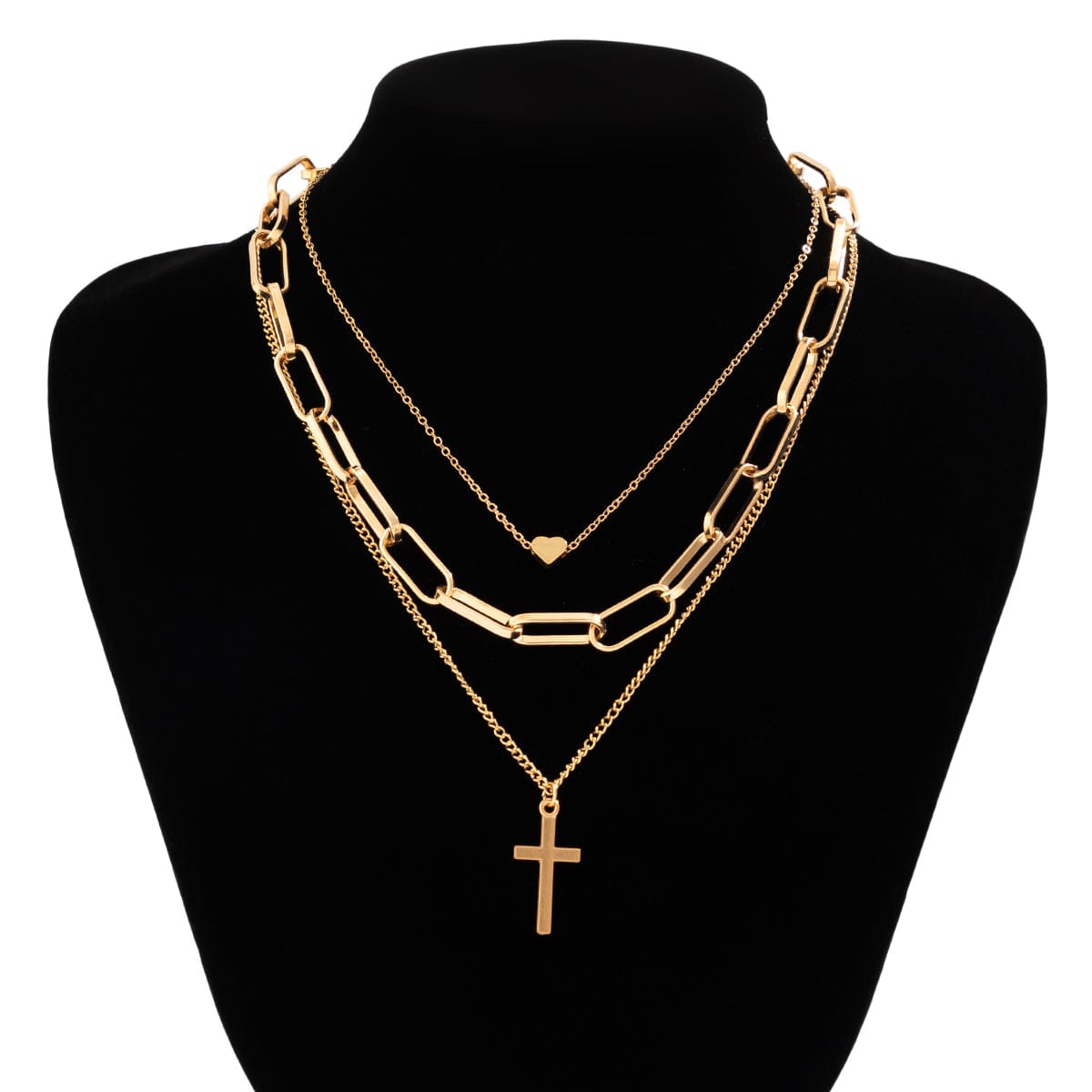 Trendy Layered Heart Cross Pendant Cable Chain Necklace - ArtGalleryZen