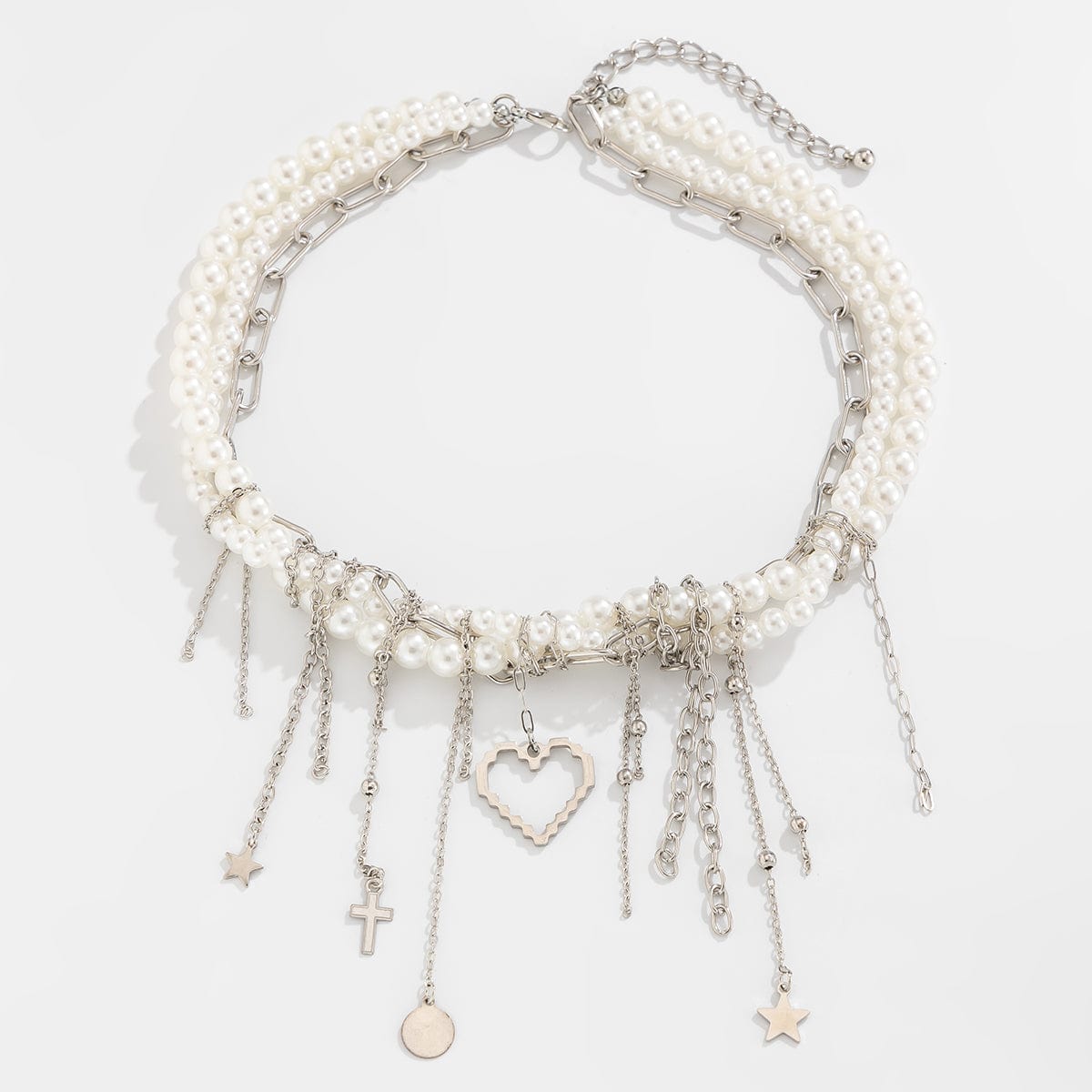 Trendy Layered Heart Pendant Star Cross Tassel Pearl Chain Necklace - ArtGalleryZen