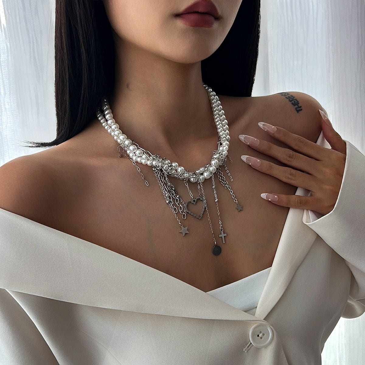 Trendy Layered Heart Pendant Star Cross Tassel Pearl Chain Necklace - ArtGalleryZen