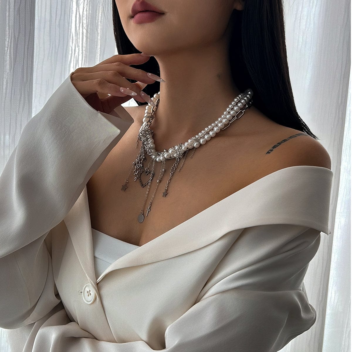 Trendy Layered Heart Pendant Star Cross Tassel Pearl Chain Necklace - ArtGalleryZen