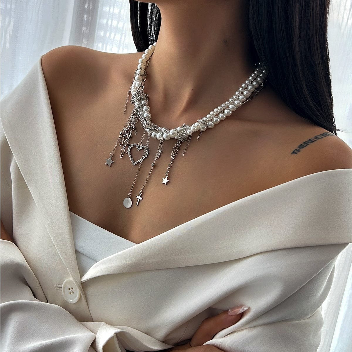 Trendy Layered Heart Pendant Star Cross Tassel Pearl Chain Necklace - ArtGalleryZen