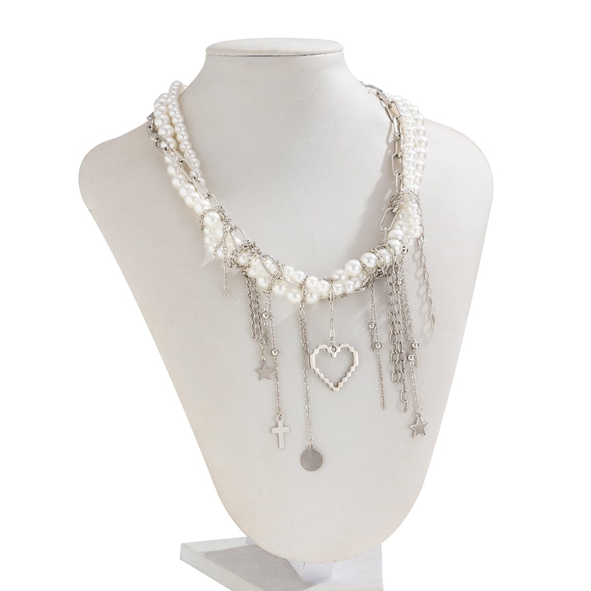 Trendy Layered Heart Pendant Star Cross Tassel Pearl Chain Necklace - ArtGalleryZen