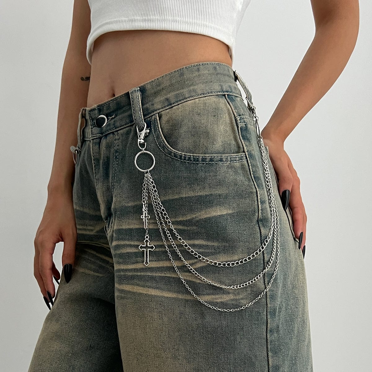 Trendy Layered Hollow Cross Pendant Trouser Chain - ArtGalleryZen