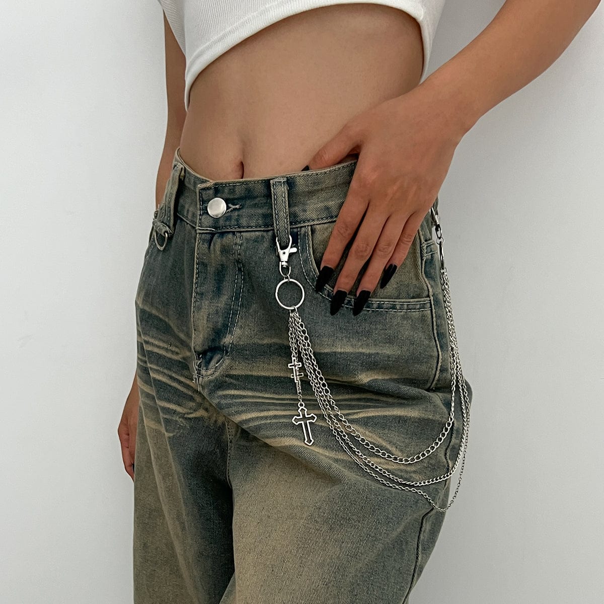 Trendy Layered Hollow Cross Pendant Trouser Chain - ArtGalleryZen