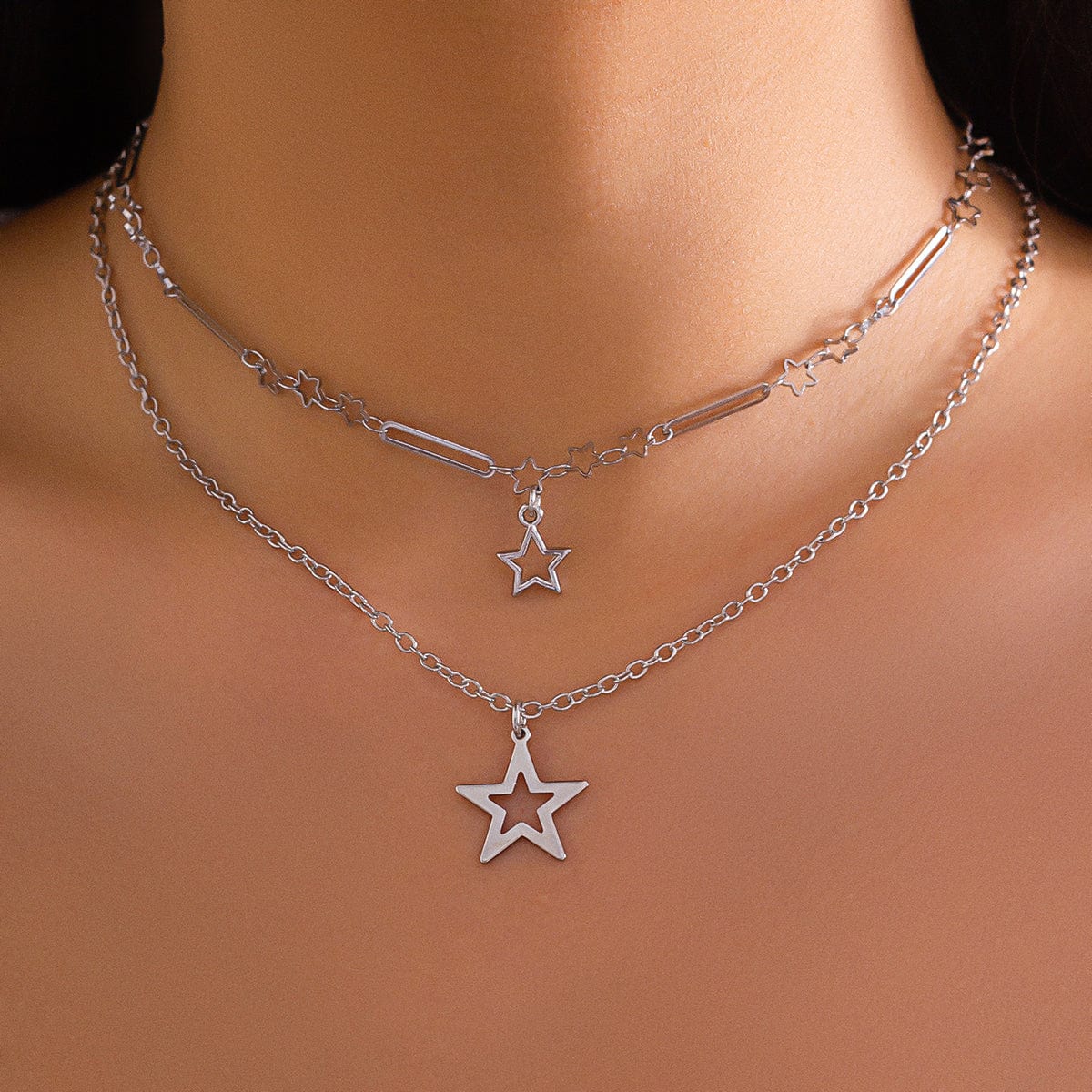 Trendy Layered Hollow Star Pendant Cable Chain Necklace Set - ArtGalleryZen