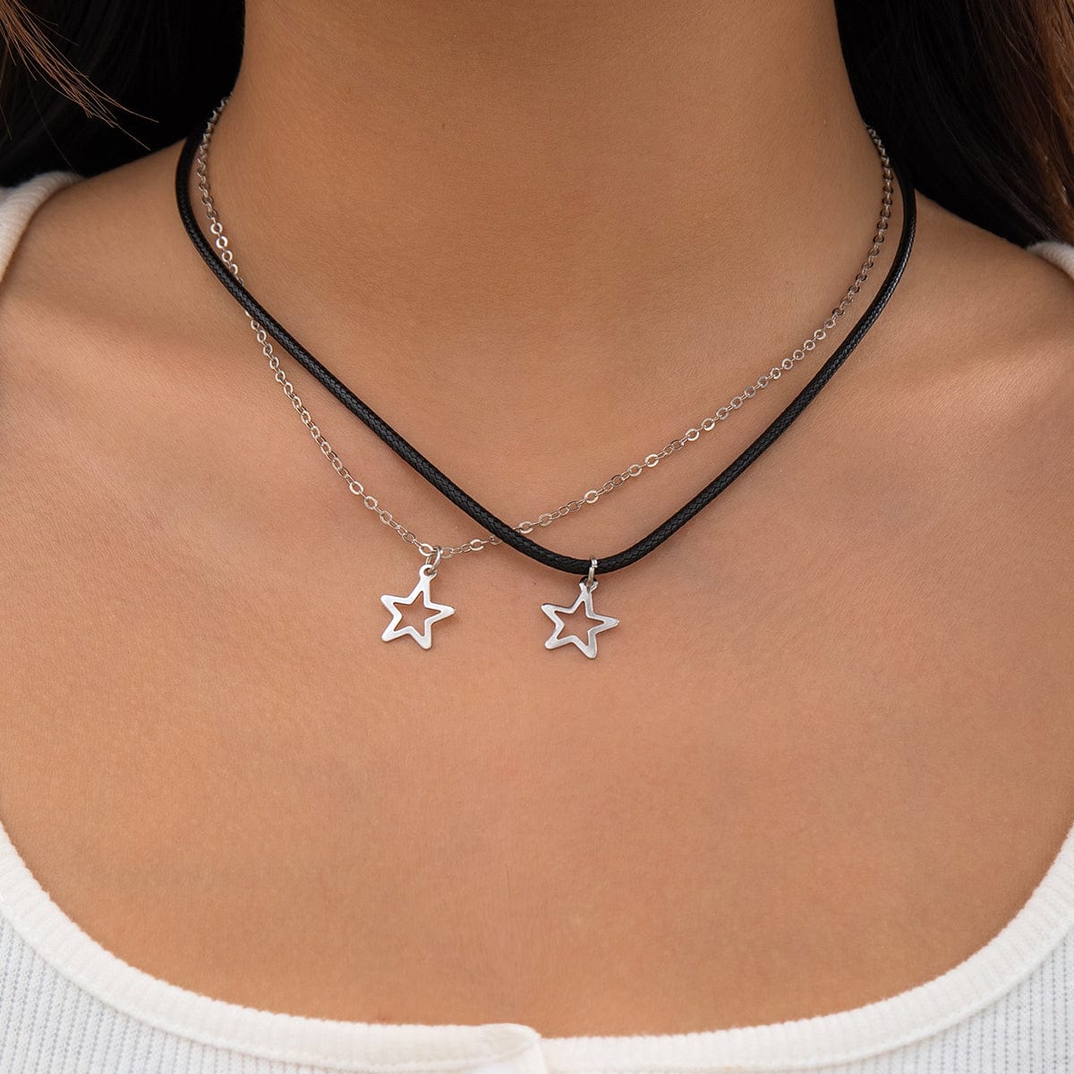 Trendy Layered Hollow Star Pendant Wax Cord String Necklace Set - ArtGalleryZen