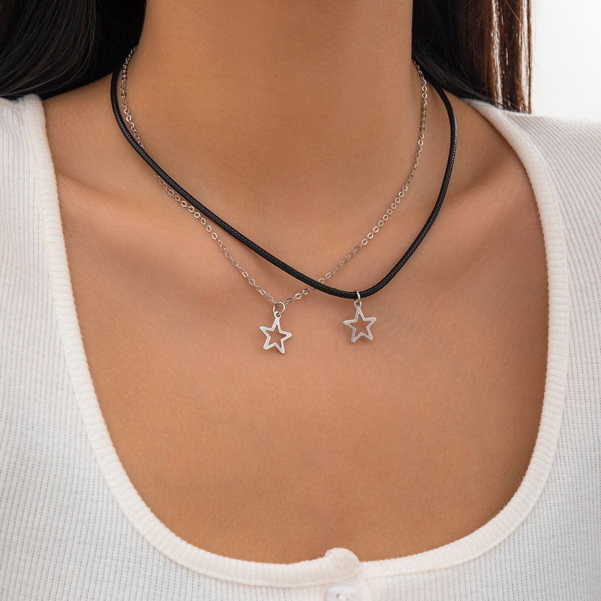 Trendy Layered Hollow Star Pendant Wax Cord String Necklace Set - ArtGalleryZen