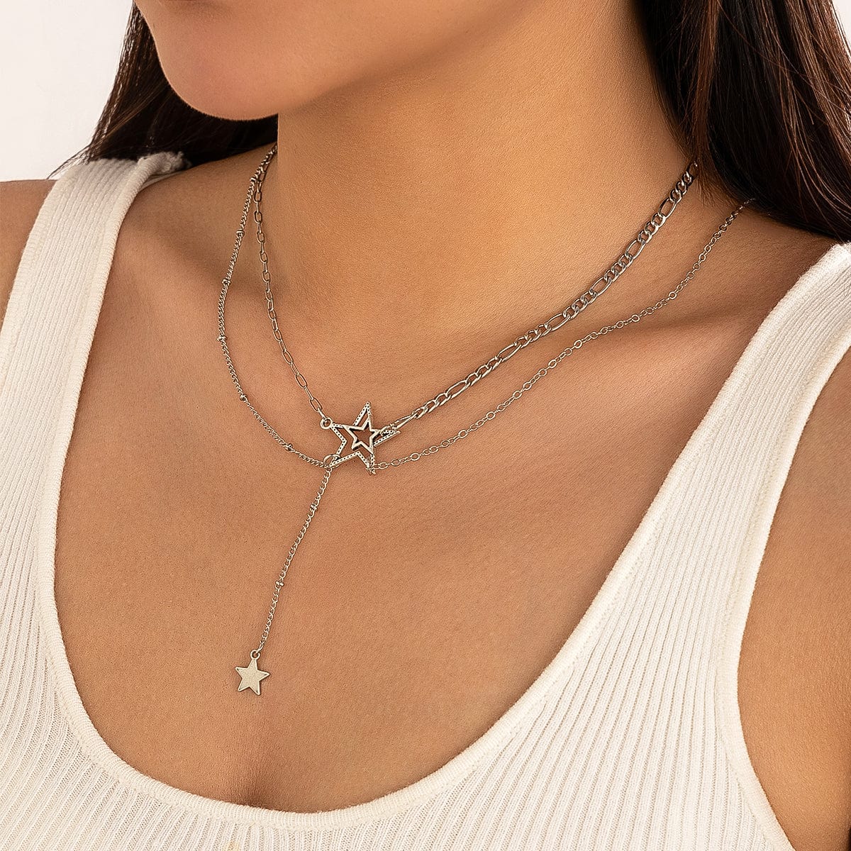 Trendy Layered Hollow Star Pendant Y Necklace