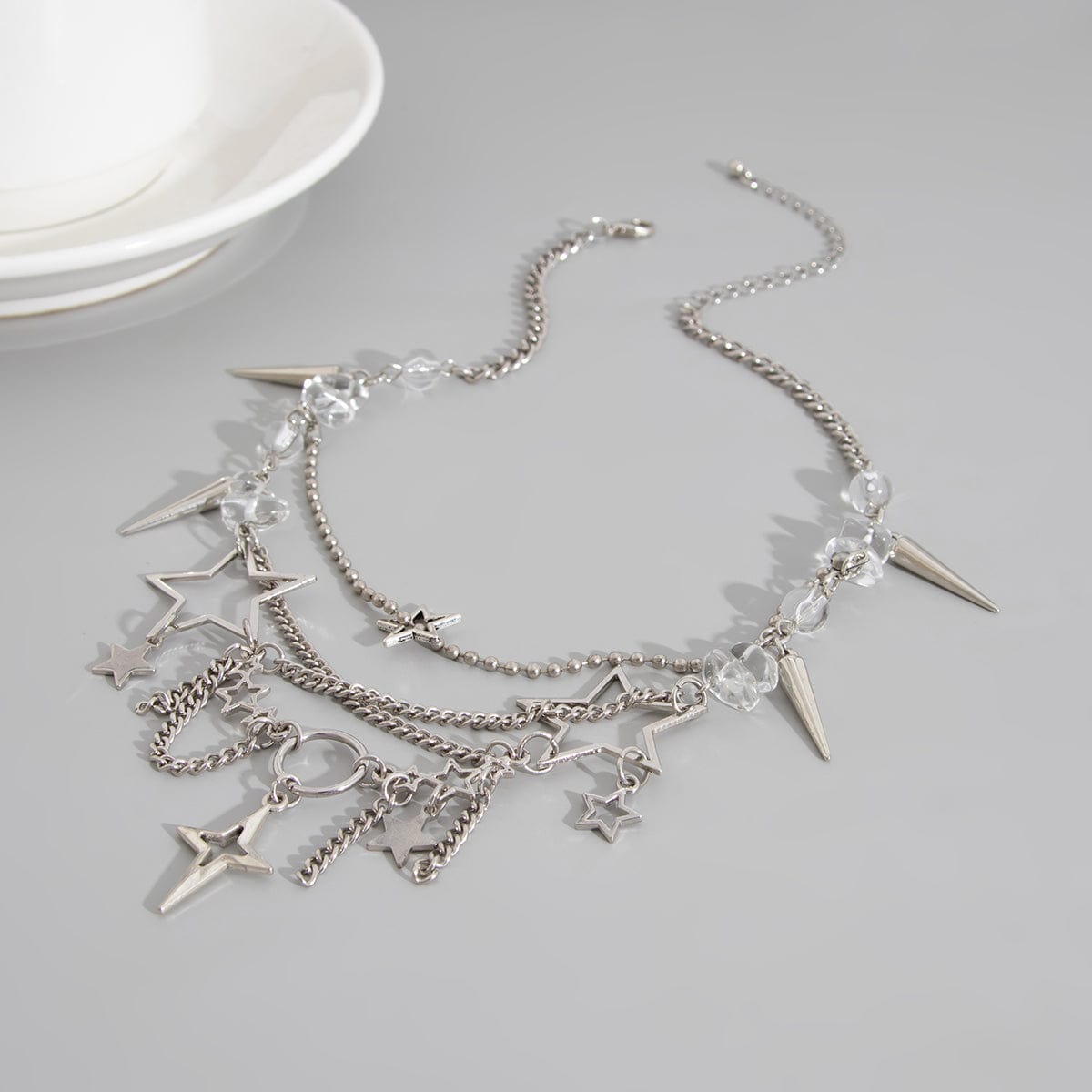 Trendy Layered Hollow Star Tassel Crystal Stone Chain Necklace - ArtGalleryZen
