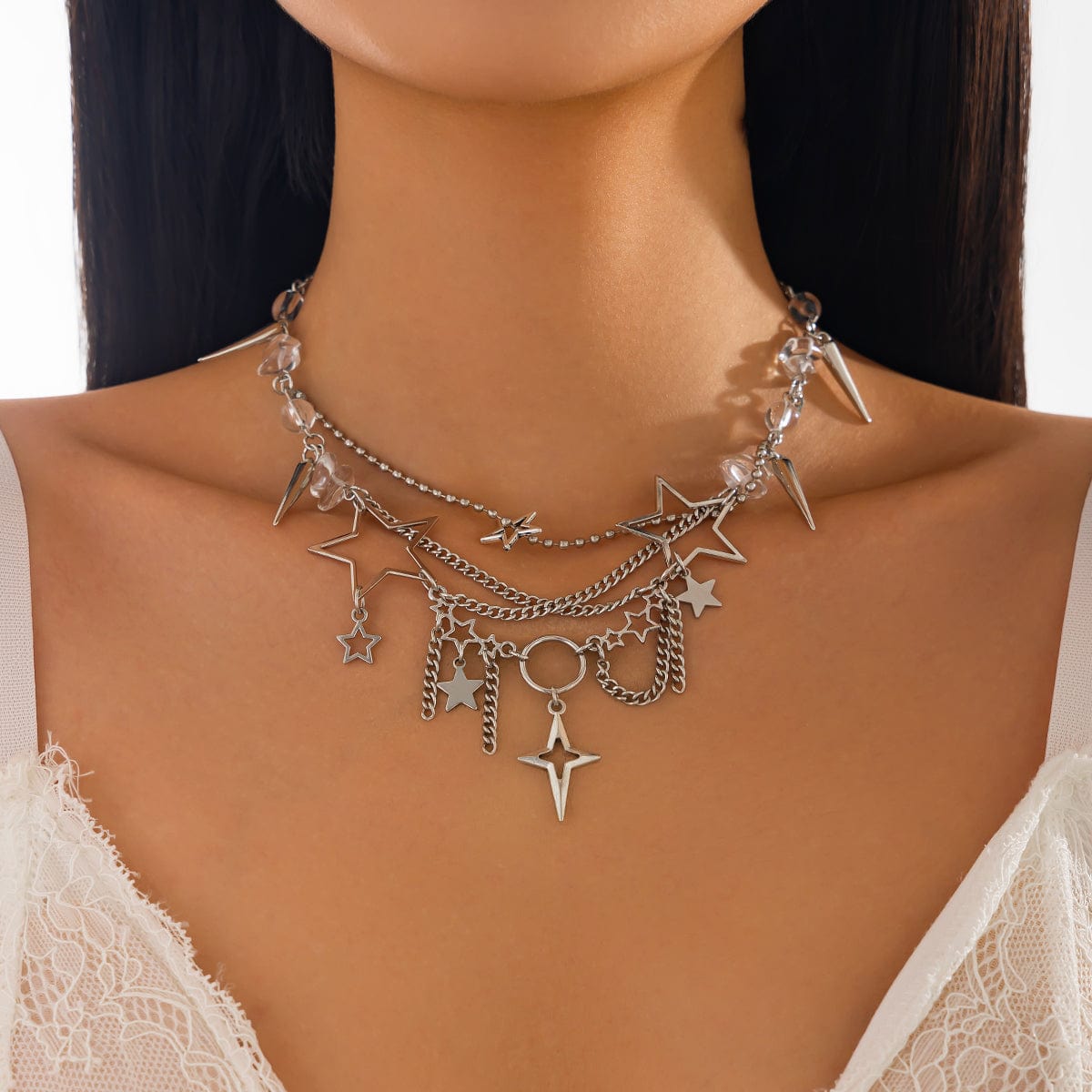 Trendy Layered Hollow Star Tassel Crystal Stone Chain Necklace - ArtGalleryZen