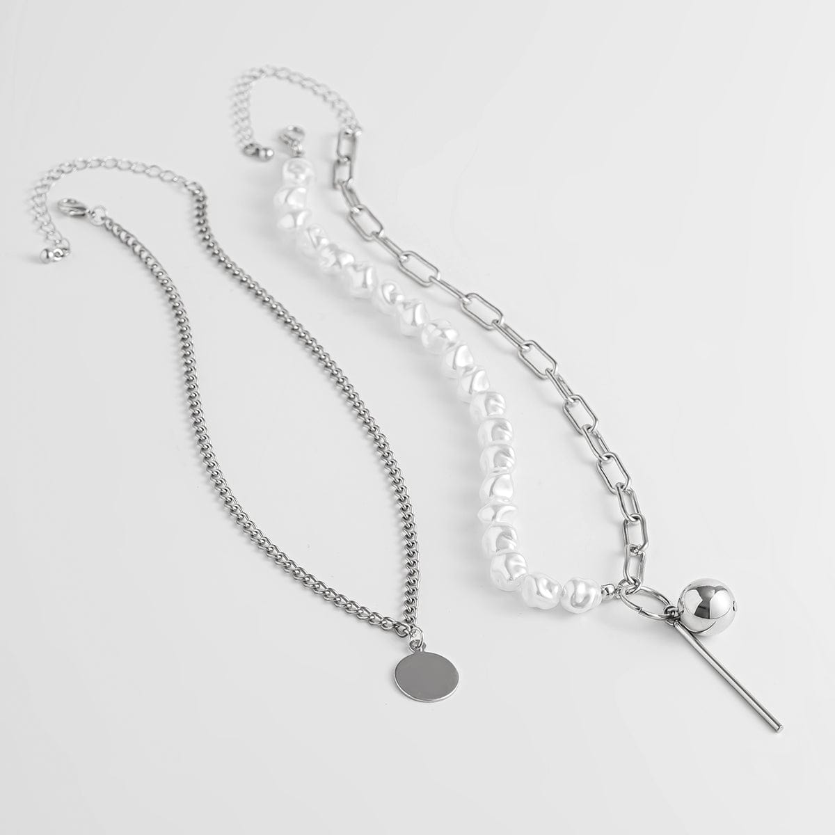 Trendy Layered Irregular Pearl Chain Round Disk Ball Pendant Necklace Set - ArtGalleryZen