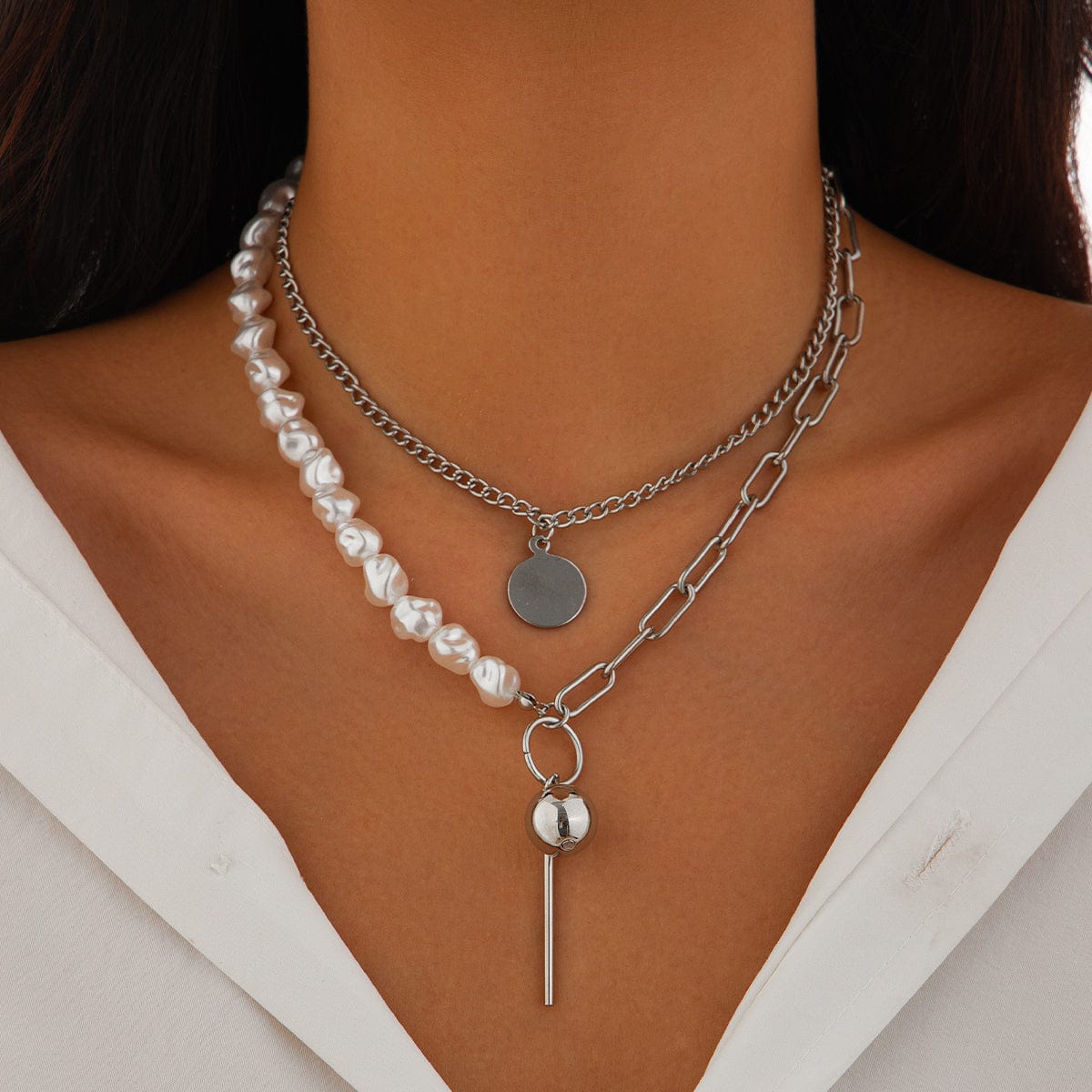 Trendy Layered Irregular Pearl Chain Round Disk Ball Pendant Necklace Set - ArtGalleryZen