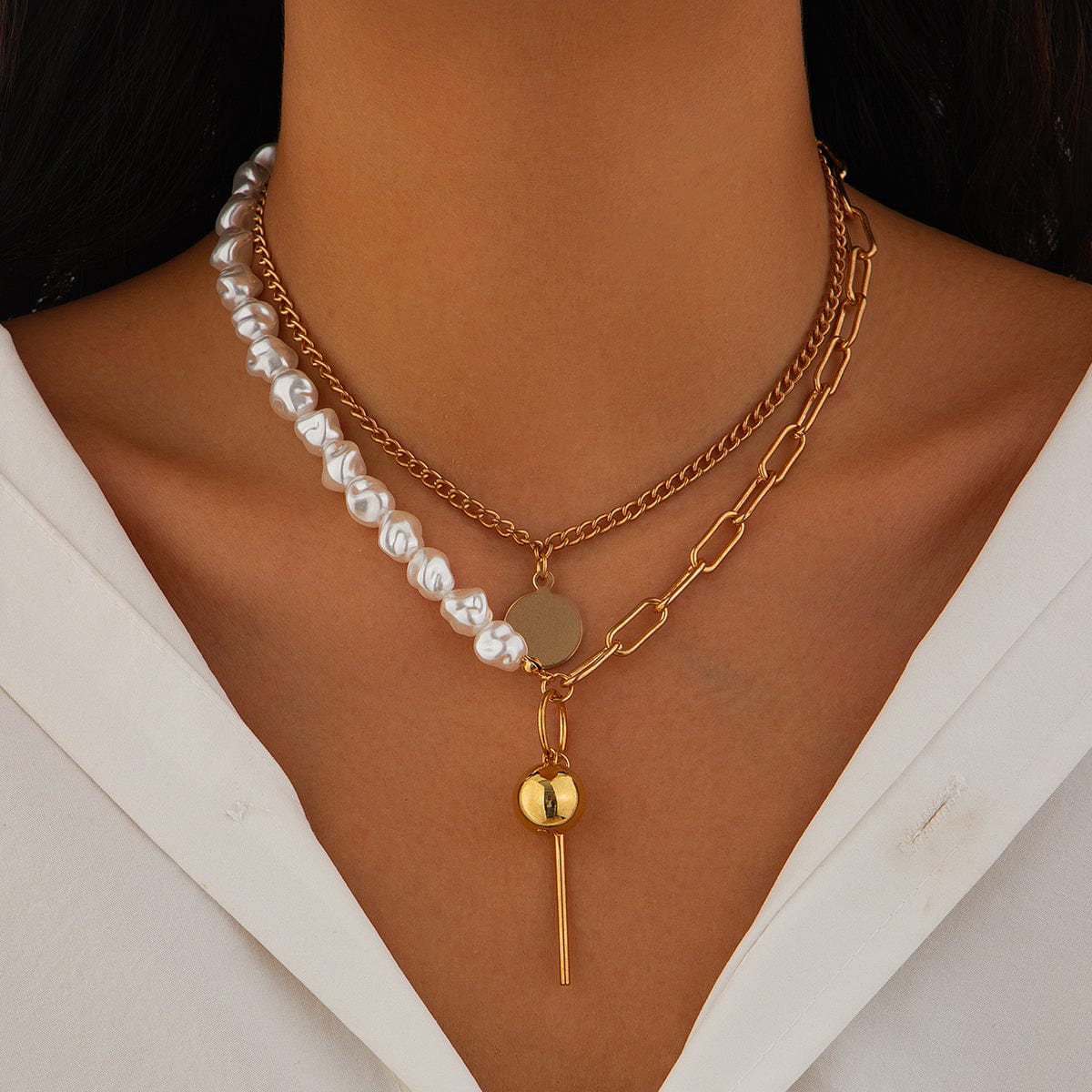Trendy Layered Irregular Pearl Chain Round Disk Ball Pendant Necklace Set - ArtGalleryZen