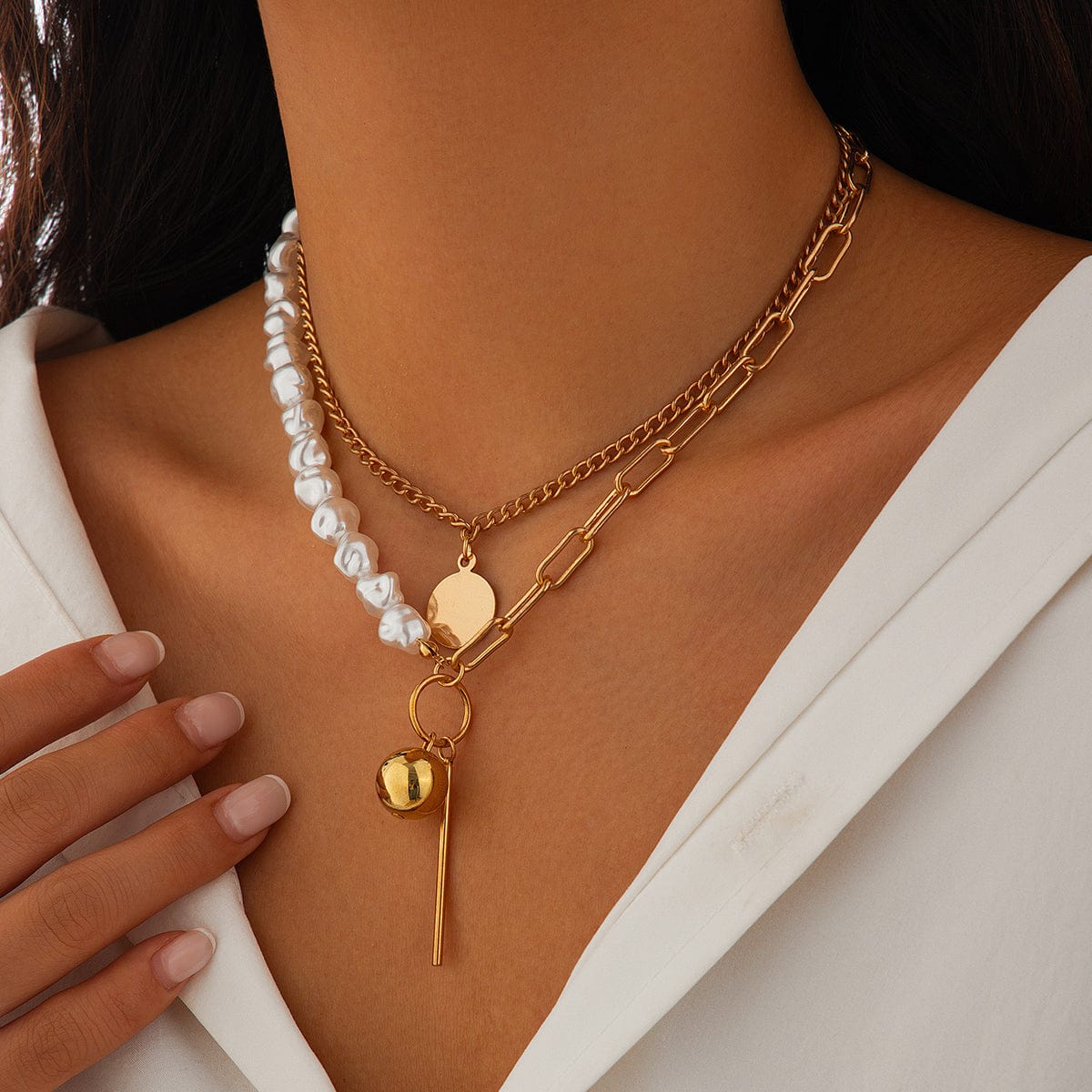 Trendy Layered Irregular Pearl Chain Round Disk Ball Pendant Necklace Set - ArtGalleryZen