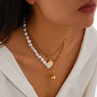 Thumbnail for Trendy Layered Irregular Pearl Chain Round Disk Ball Pendant Necklace Set