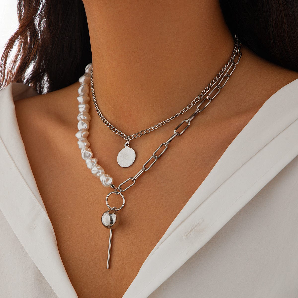 Trendy Layered Irregular Pearl Chain Round Disk Ball Pendant Necklace Set