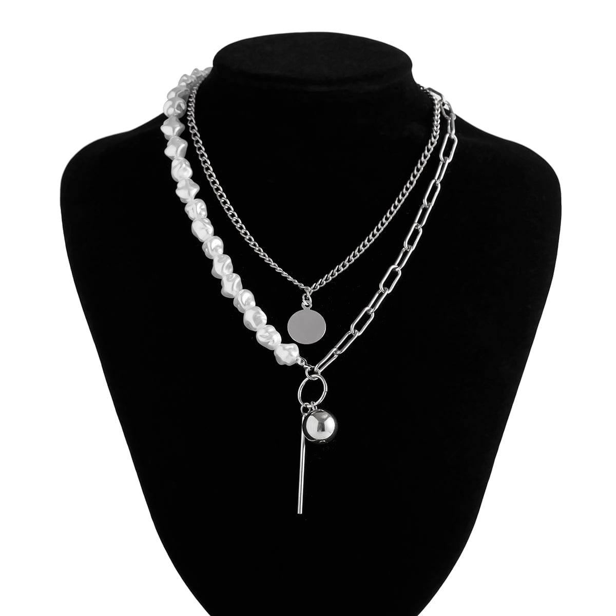 Trendy Layered Irregular Pearl Chain Round Disk Ball Pendant Necklace Set