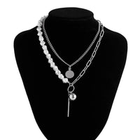 Thumbnail for Trendy Layered Irregular Pearl Chain Round Disk Ball Pendant Necklace Set