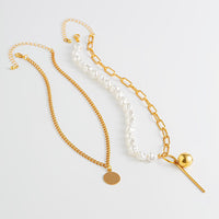 Thumbnail for Trendy Layered Irregular Pearl Chain Round Disk Ball Pendant Necklace Set