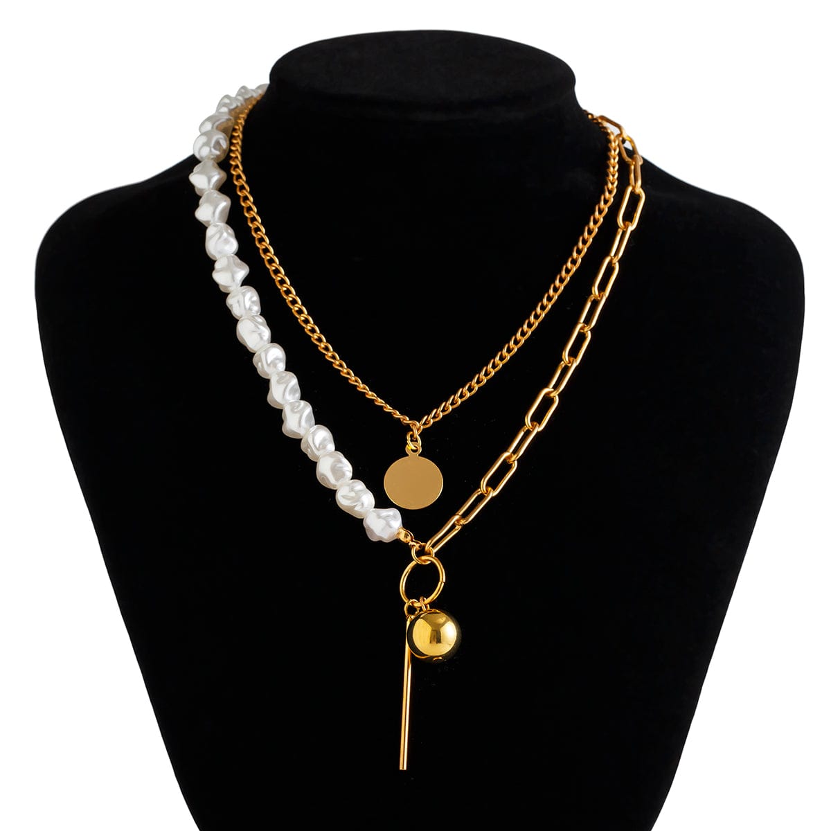 Trendy Layered Irregular Pearl Chain Round Disk Ball Pendant Necklace Set