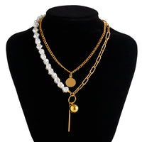 Thumbnail for Trendy Layered Irregular Pearl Chain Round Disk Ball Pendant Necklace Set