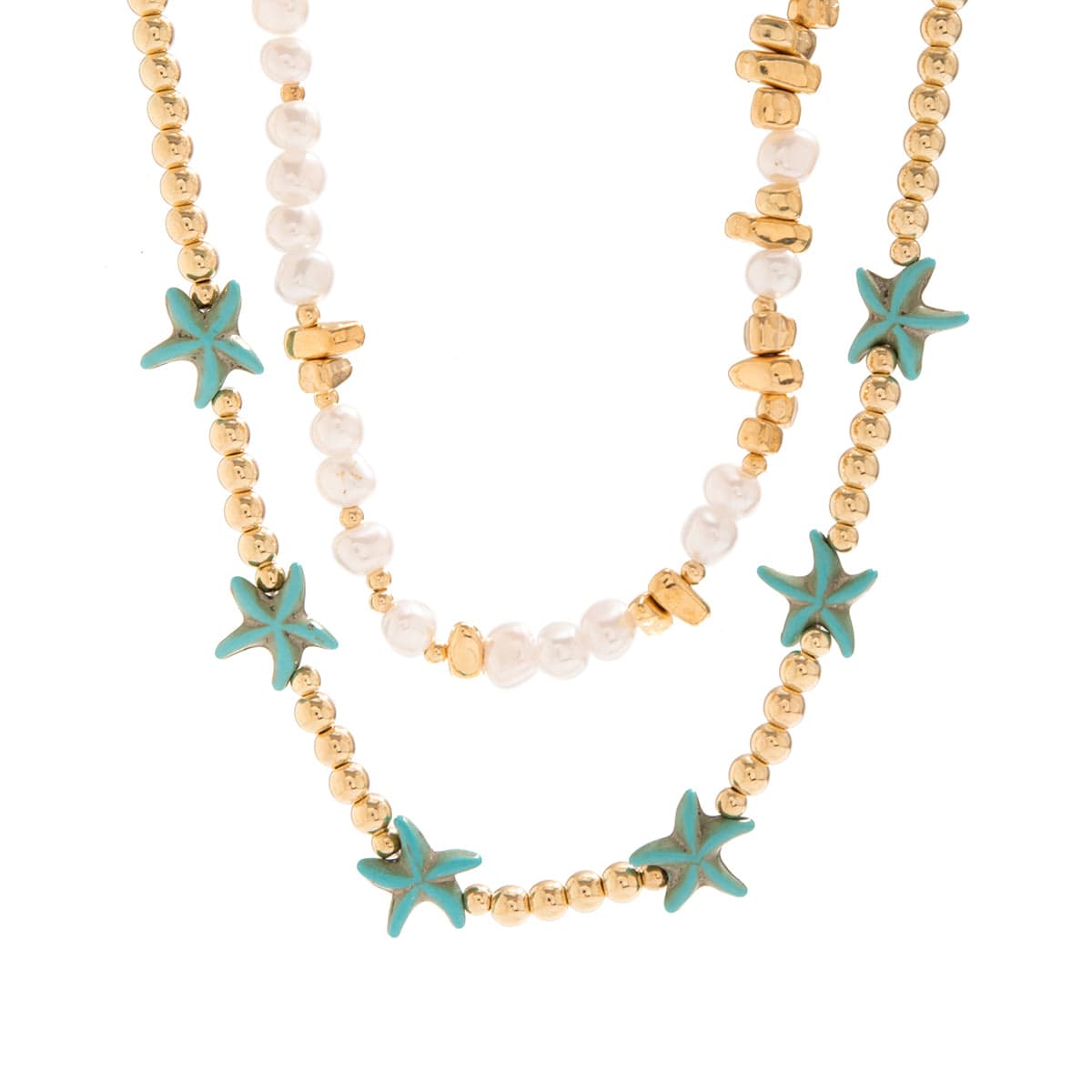 Trendy Layered Irregular Stone Pearl Starfish Ball Chain Necklace Set - ArtGalleryZen