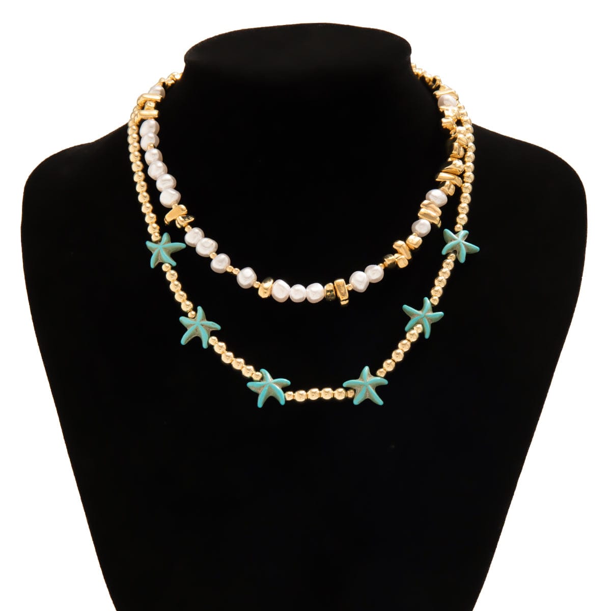 Trendy Layered Irregular Stone Pearl Starfish Ball Chain Necklace Set - ArtGalleryZen