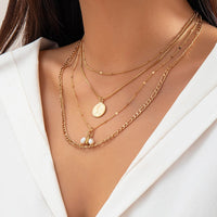 Thumbnail for Trendy Layered Pattern Round Disk Pearl Pendant Curb Chain Necklace Set - ArtGalleryZen