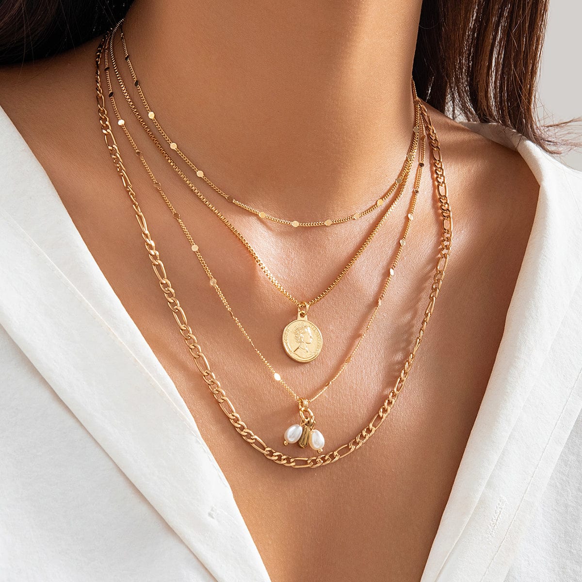 Trendy Layered Pattern Round Disk Pearl Pendant Curb Chain Necklace Set - ArtGalleryZen