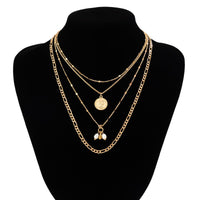 Thumbnail for Trendy Layered Pattern Round Disk Pearl Pendant Curb Chain Necklace Set - ArtGalleryZen