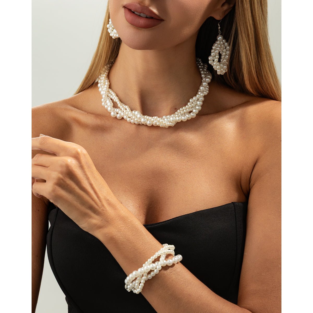 Trendy Layered Pearl Chain Necklace Bracelet Earrings Set - ArtGalleryZen