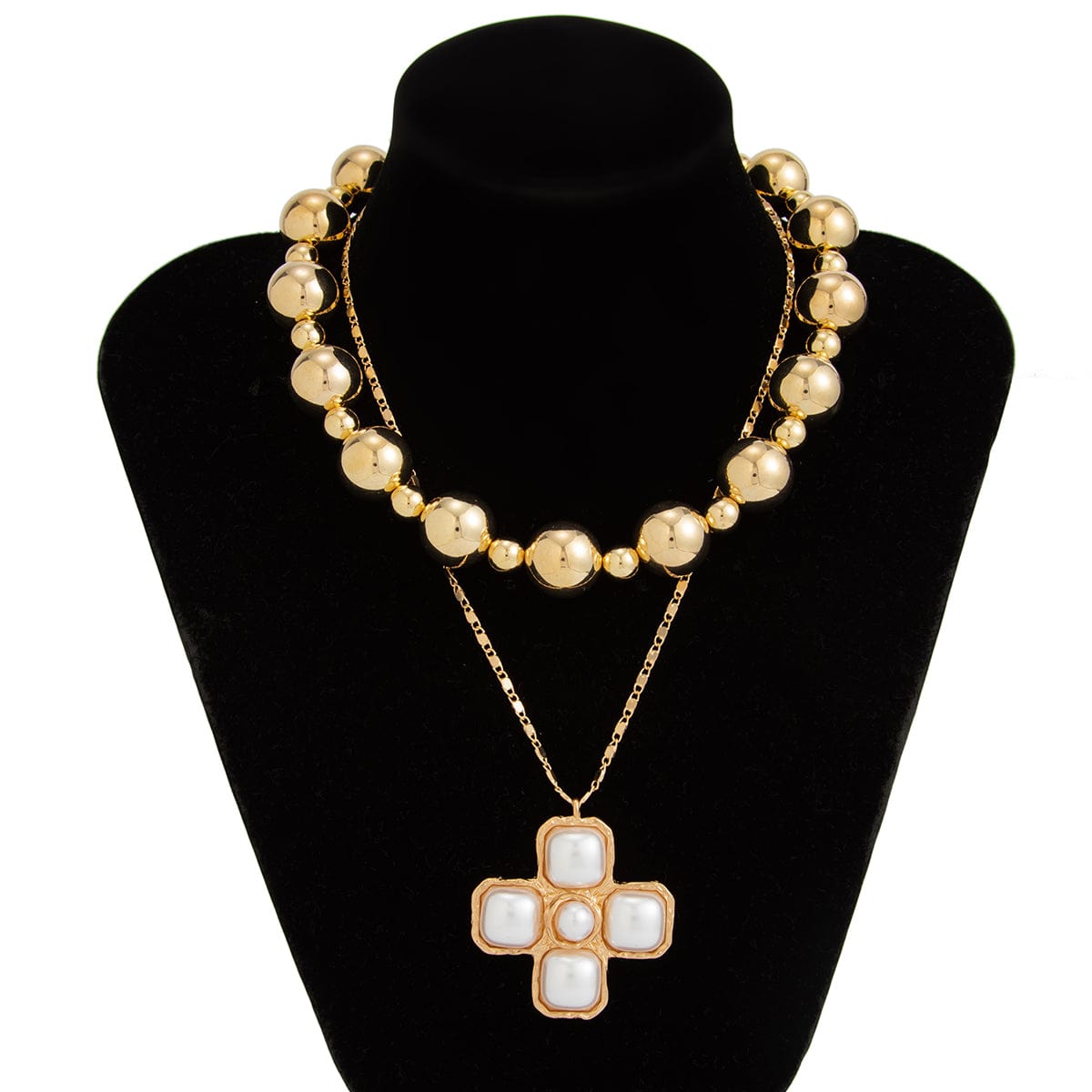 Trendy Layered Pearl Inlaid Cross Pendant Ball Chain Necklace Set - ArtGalleryZen