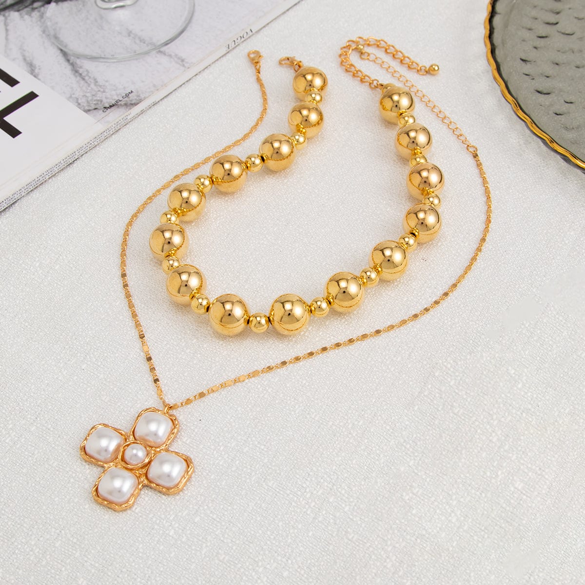 Trendy Layered Pearl Inlaid Cross Pendant Ball Chain Necklace Set - ArtGalleryZen