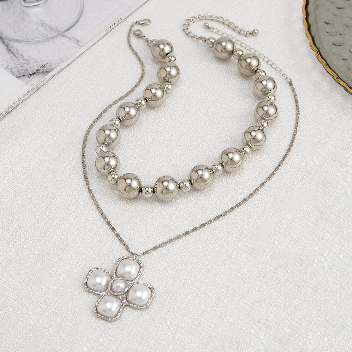 Trendy Layered Pearl Inlaid Cross Pendant Ball Chain Necklace Set - ArtGalleryZen