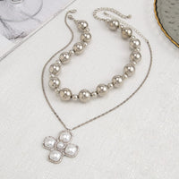 Thumbnail for Trendy Layered Pearl Inlaid Cross Pendant Ball Chain Necklace Set - ArtGalleryZen