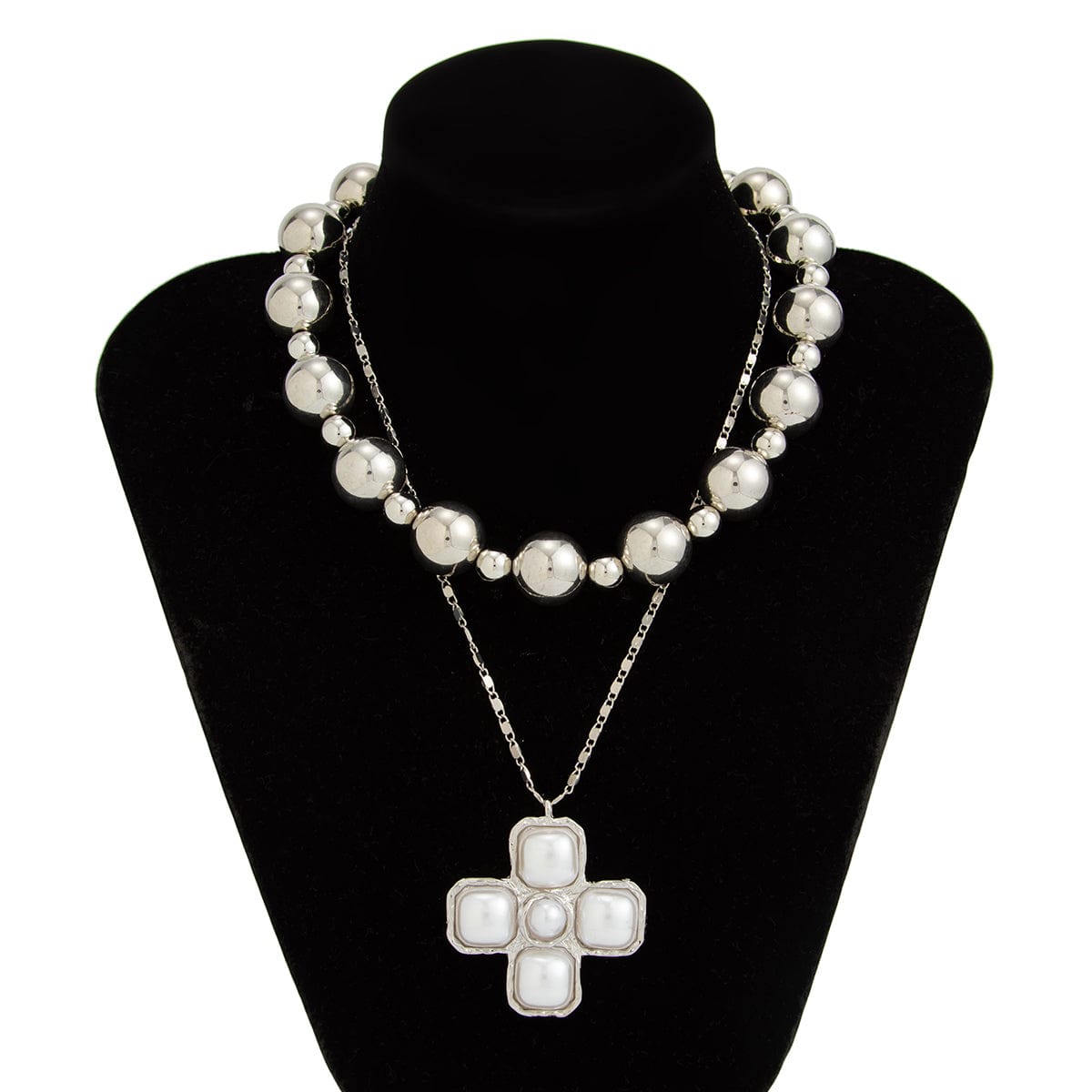 Trendy Layered Pearl Inlaid Cross Pendant Ball Chain Necklace Set - ArtGalleryZen
