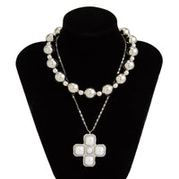 Thumbnail for Trendy Layered Pearl Inlaid Cross Pendant Ball Chain Necklace Set - ArtGalleryZen
