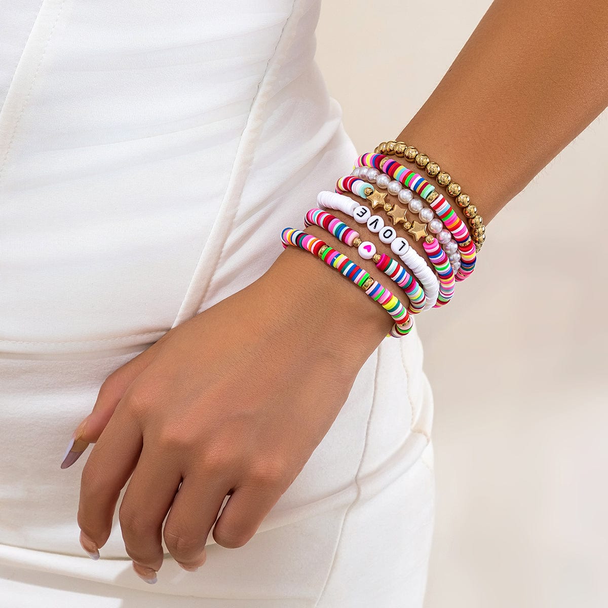 Trendy Layered Polymer Clay Star Love Pearl Chain Stackable Bracelet Set - ArtGalleryZen